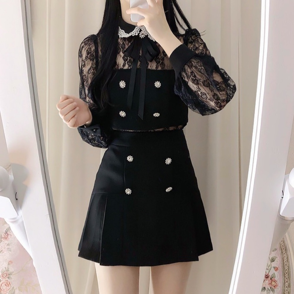 Dolly black lace top and skirt set with swarovski crystals